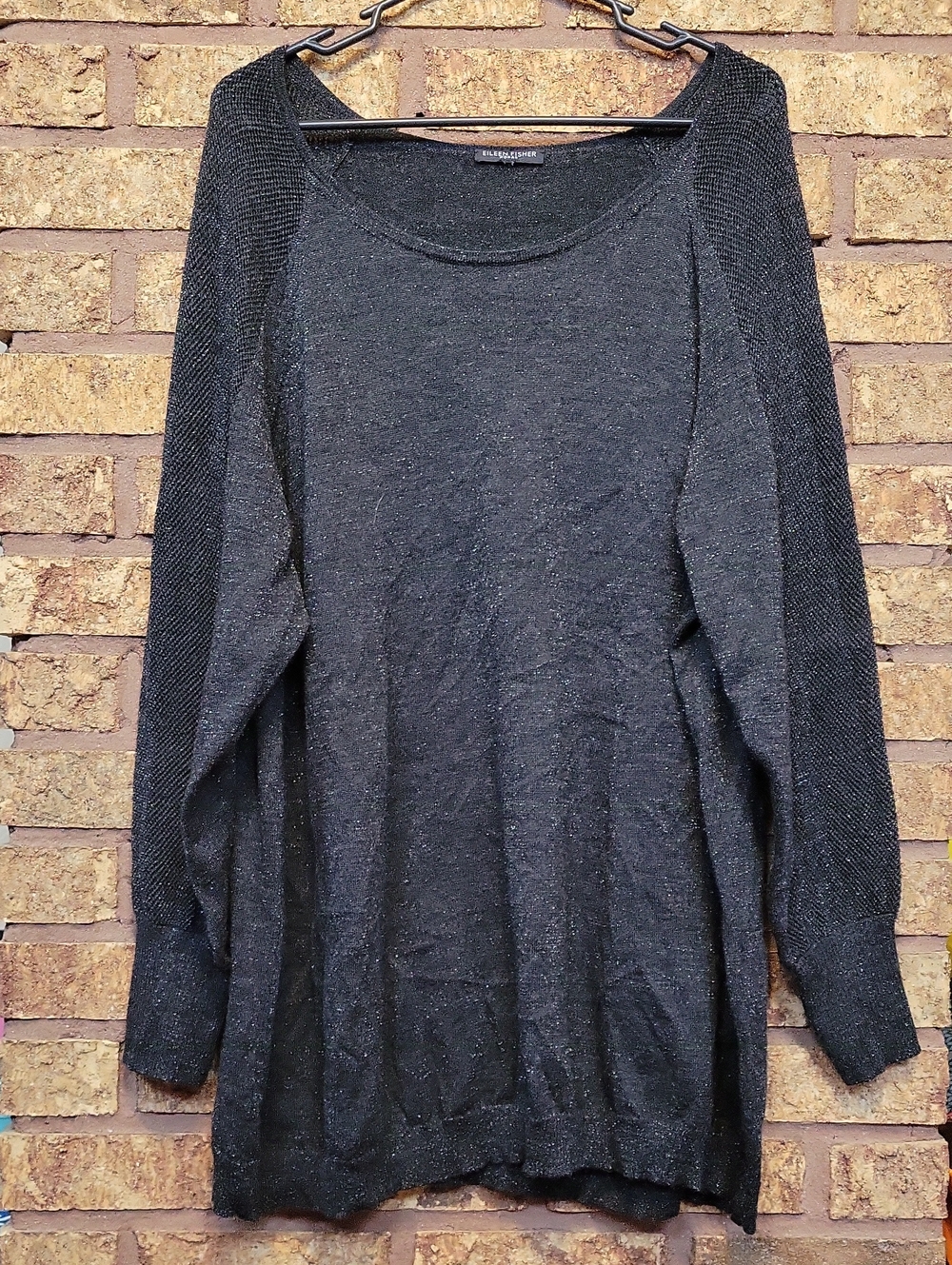 Eileen Fisher Merino Wool Metallic Black Knit Tunic Sweater XXL Fall Shimmer